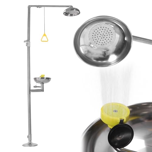 304 Stainless Steel Combination Eye Wash Station and Shower Emergency Shower Eyewash Station Stand Plumbing Eye Washing Unit for Industrial & Commercial & Lab Use