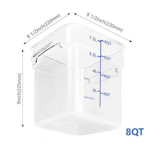 4 Pack Food Storage Containers with Blue Lids, 8.0 Qt - Square, Clear, Polycarbonate, for Restaurant Commercial Kitchen and Home party - color: 8.0 Qt-Blue Lids