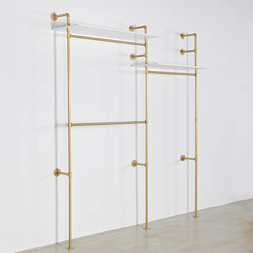 Industrial Pipe Clothing Rack Wall Mounted, Heavy Duty Hanging Clothes Rack Clothing Store Display Stands Garment Rack Closet System, 2 Tier Wood Garment Rack (Gold, 96.5x80.7inch) - style: 3-Hanging with shelf Gold