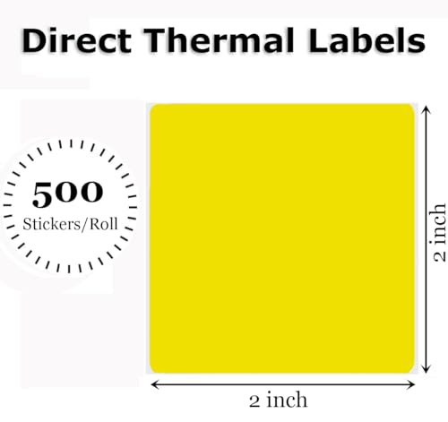 2" x 2" Thermal Labels Stickers Yellow, Square Thermal Shipping Stickers, Multipurpose Inventory Self-Adhesive Direct Thermal Label for Small Business (500 Labels/Roll) - color: Yellow, size: 2" x 2"