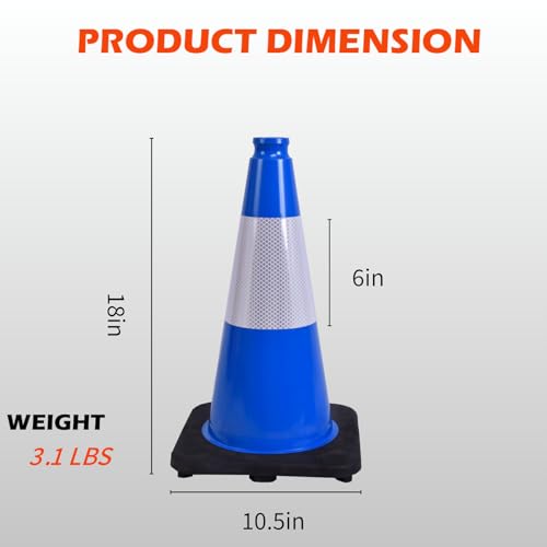 6 Pack 18 Inch Blue Traffic Cones with Reflective Stripes, Black Base Safety Cones for Parking Lots, Sports Events and Property Marking (6, Blue, 18 Inch) - color: Blue, size: 18 Inch