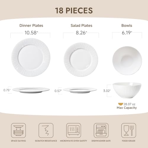 KINGSTONE 18Pc Textured White Bone China Set Service for 6 - color: White-striped, size: service for 6-18pcs