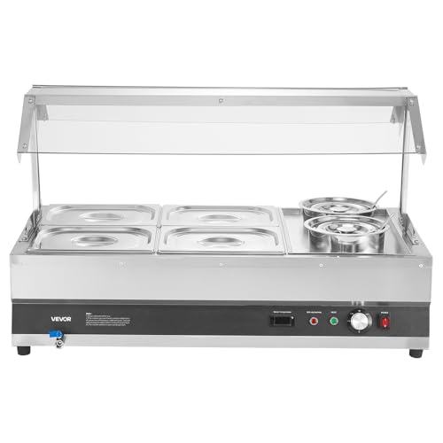 VEVOR Electric Soup Warmer, Two 6.34QT Pots & Four 1/2 Pans, Stainless Steel Commercial Food Warmer with 86~185°F Adjustable Temp, 1500W Bain Marie with Cover, Soup Station for Restaurant, Buffet - size: 2×6L Pots and 4×1/2 Pans