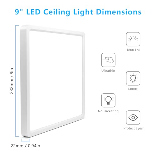 LightingWill 9Inch 18W Square LED Ceiling Light Fixtures Flush Mount, 6000K Cold White LED Ceiling Lamp, Surface Mount Modern Ceiling Lights for Bedroom, Kitchen, Bathroom, Living Room - color: Cool White, size: 9 inch White