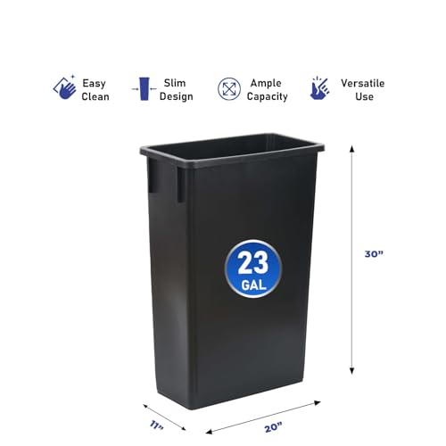 Plexon 23-Gallon Trash Can Set – Tall, Space-Saving Black Bins for Kitchen, Garage, Office, or Restaurant Use – Narrow Rectangular Design, 2-Pack