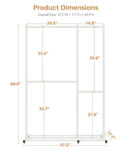 Clothing Rack with 4 Hanging Sections, 47.2" x 17.7" x 69.9", Double Rod Garment Rack with Storage Shelves, Freestanding Closet Organizer for Bedroom, Laundry Room, Portable Metal Clothes Rack, White - color: White, size: 47.2" x 17.7" x 69.9"