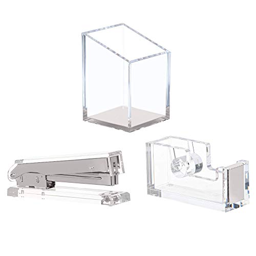 Punch & Stick | Stationery & Desk Accessories | Pen Holder, Stapler & Tape Dispenser | Silver & Clear Acrylic Lucite | Office Desk Accessories | Office Gift Set - color: Silver