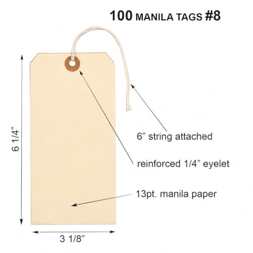 Large Manila Paper Tags with String Attached #8, 6 1/4" x 3 1/8", 100 Count - size: # 8, 6 1/4" x 3 1/8"