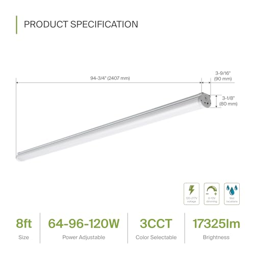 ASD 8FT LED Vapor Tight Light Fixture with Emergency Battery Backup - 64W/96W/120W 120-277V 3500/4000/5000K Dimmable Vapor Proof Lighting, Seamless Linkable Commercial Wall Light, UL DLC - color: 8ft Emergency Battery, size: 1 Pack