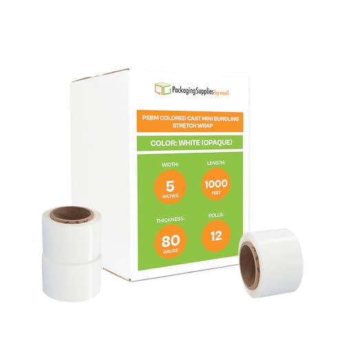 PSBM Dark White Mini Stretch Wrap with Plastic Handle 5" x 1000' 12 Rolls - color: White, size: 5 Inch