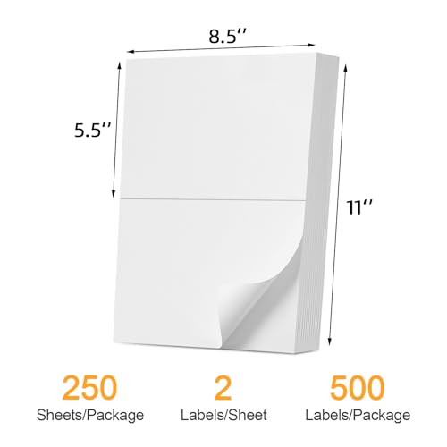 (500 Labels/250 Sheets) Labelebal Half Sheet Labels, Shipping Labels 2 Per Sheet for Laser & Inkjet Printers, 8.5" x 5.5" Address Labels, Totally 500 Pcs Half Sheet Shipping Labels - color: 2 Up - 500 Labels
