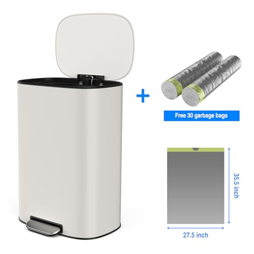 White 13 Gallon Stainless Steel Foot Pedal Large Trash Can with Soft Close Quiet Lid, Stainless Steel Thickened Body Oval Garbage Can with 30 Garbage Bags for Kitchen, Commercial, Home, Office - color: White