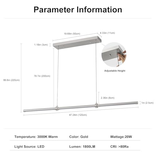 EDISLIVE Modern Linear LED Island Light Dimmable LED Chandelier 47.24 in Adjustable Linear Hanging Light Fixture 3000K 20W Pendant Light for Dinning Room Kitchen,Nickel - color: Nickel-Linear, size: 47.24IN