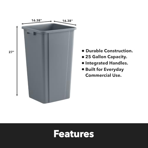Gray, 25 Gallon Square Commercial Trash Can, Heavy-Duty Garbage Can, Industrial Trash Bin for Restaurants/Commercial Facilities/Warehouses - color: Gray, size: 25 Gallon