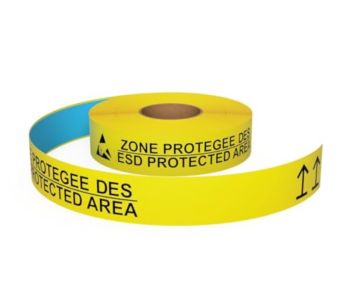 Inline Industrial, 5S Floor Marking Tape, Electrostatic Discharge Safety (ESD) (Zone Protegee DES/ESD Protected Area Text w/Hazard Symbol & 2 Directional Arrows, Yellow, 3") - color: Yellow, size: 3", style: "ZONE PROTEGEE DES / ESD PROTECTED AREA" Text w