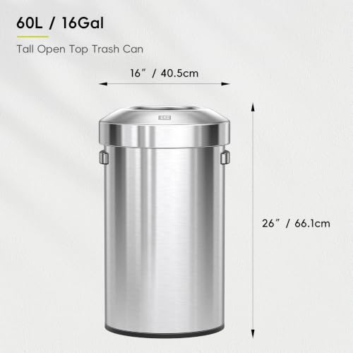 EKO 16-Gallon Round Stainless Steel Open Top Trash Can, Large Commercial Waste Bin with Detachable Lid and Carrying Handle, Brushed Metal Garbage Bin for Home, Office, Restaurant, Restroom - color: Stainless Steel, size: 60 Liter, Round