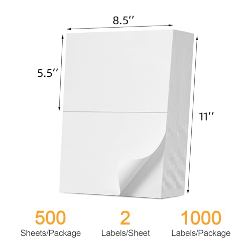 (1000 Labels/500 Sheets)Labelebal Half Sheet Self Adhesive Shipping Labels for Laser & Inkjet Printers, 8.5" x 5.5" Shipping Mailing Labels, 2 Per Page Shipping Labels, 5 1/2 x 8 1/2 Half Sheet Labels - color: 2 Up - 1000 Labels