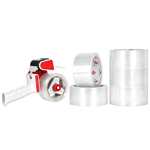 BOMEI PACK Heavy Duty Packing Tape with Tape Gun,Transparent Packing Tape 6 Rolls with Dispenser Gun,1.88 Inch x 55 Yards,Strong Strength,Packing Refills for Packaging and Shipping - color: Transparent