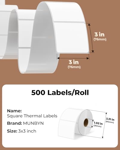 MUNBYN 3x3 Thermal Labels, 500 Sheets/Roll, White - color: White, size: 3x3"