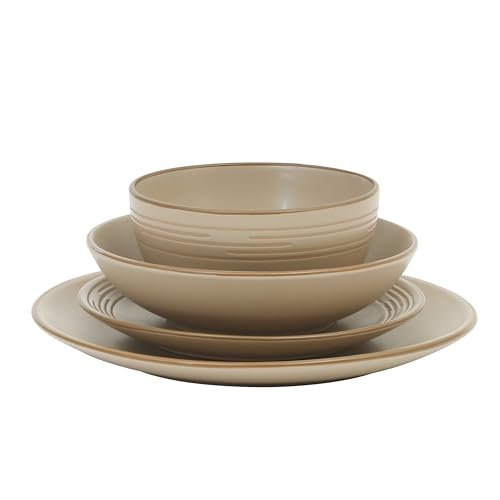 Gibson Home Chiswick House 16-Piece Stoneware Dinnerware Set, Round Plates and Bowls Set for 4, Beige with Wax Relief Embossed Rim Detail, Dishwasher Safe – Dinner Plate, Salad Plate & Cereal Bowl - color: Beige w/ Wax Relief Embossed Rim (Chiswick House)