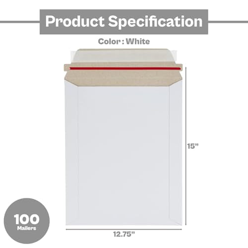 PSBM 100 PCS 12.75 x 15 Inch White Rigid Photo Mailers, Cardboard Shipping Envelopes, Mailers for Shipping Photos, CDs, Documents, Catalogue, Or Any Flat Object