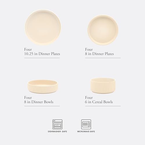 Gibson Elite Deerfield 16-Piece Stoneware Dinnerware Set – Cream White Reactive Glaze Plates and Bowls, Stackable Design, Service for 4 – Dishwasher & Microwave Safe - color: Cream White (Deerfield)