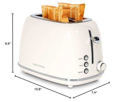 Roter Mond 2 Slice Toaster Retro Stainless Steel with Bagel, Cancel, and Defrost Functions, 6 Bread Shade Settings, Extra Wide Slots and Removable Crumb Tray, Cream - color: Cream