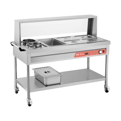 VEVOR Commercial Food Warmer, 5 Pans + 2 Pots Electric Steam Table, 1800W Professional Buffet Catering Food Warmer with Shield Undershelf Wheels, Stainless Steel Server for Party Restaurant Hotel - size: 5 Pans + 2 Pots