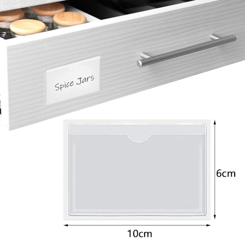 50Pcs Adhesive Label Holder Shelf Tag, BetterJonny 2.4 x 3.9in Self-Adhesive Clear Label with Top Open Plastic Drawers File Cabinet Storage Bins Label Holder for Office, Kitchen and Other Small Items