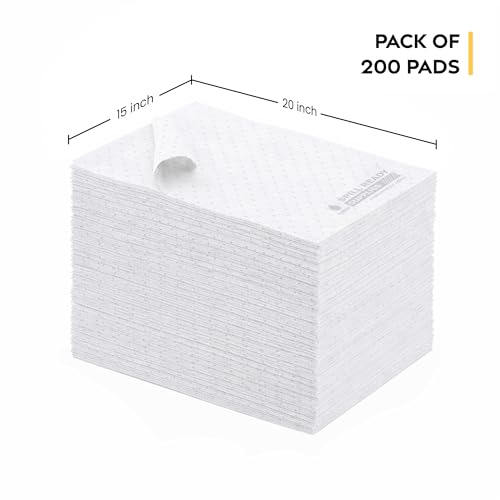 Spill Ready Oil Only Absorbent Pads 15" x 20" (200 Pack) - Standard Weight Absorbs Up to 24 oz per pad - 2mm Oil Spill Mat, Hydrophobic Sorbent Mat Pads for Oil & Fuel Spills, Oil Pads - White - color: 200 Pads - Standard weight, size: 1