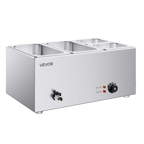 VEVOR 4-Pan Commercial Food Warmer, 24QT Electric Steam Table, 1200W Professional Countertop Stainless Steel Buffet Bain Marie with 86-185°F Temp Control for Catering and Restaurants, Silver - size: 2x1/3Pan and 2x1/6Pan ;24QT