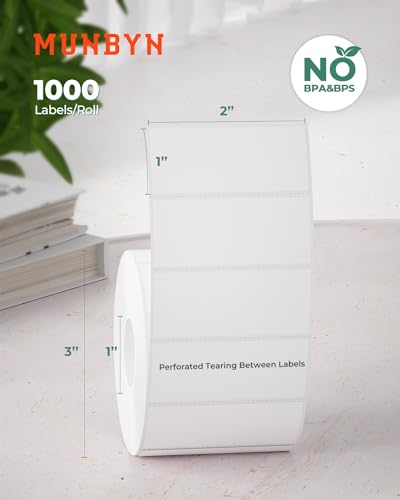 MUNBYN 2x1 Thermal Labels, 1000 Sheets/Roll, White - color: White, size: 2x1"