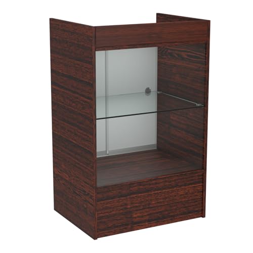 24x18x38 Inch Walnut Wooden Lockable Sliding Solid Door Cash Register Podium with Tempered Glass Shelves for Retail, Restaurant, Reception, Church - color: Walnut