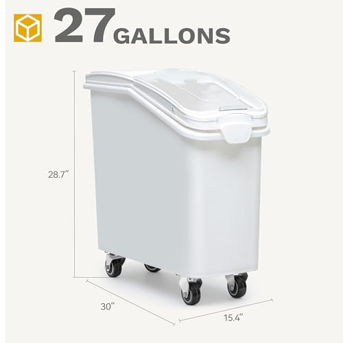 DWVO 27 Gal Large Ingredient Storage Bin, Flour Rice Food Storage Containers Bin with 500 Cups, Commercial Bins with 360° Wheels, Scoop and Lid for Kitchen, White - size: 27 Gal