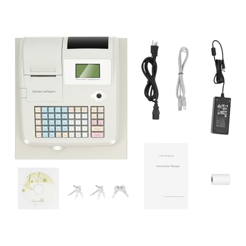48 Keys Electronic Cash Register for Business with 8 Digital Display & Lockable Cashing Drawer, Commercial Cash Management System, POS Casher for Retail Store Restaurant Supermarket, Grey-White - color: Grey-white, size: 48 Keys