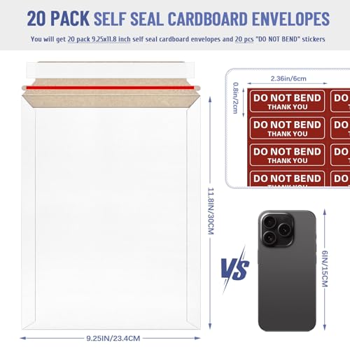 20 Pack 9x11.5 inch Rigid Mailers, Self Seal Photo Mailers Protective Flat Cardboard Envelopes White Blank Shipping Envelopes for Photos, Document, Invitation, Invitations, Magazines, Comics - color: White, size: 9x11.5 Inch