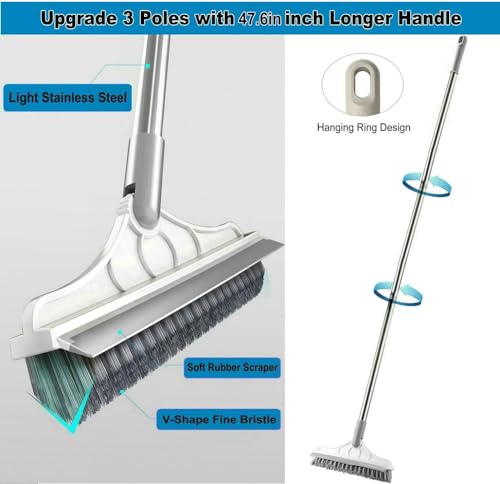 2 in 1 Cleaning Scrub Brush Grout Brush Scrapee 3 Poles 47.6'' Floor Scrub Brush with Long Handle V-Shape Stiff Bristle Brush Scrubber with Squeegee 120°Rotate Shower Cleaning Brush for Bathroom Glass - color: 3poles White