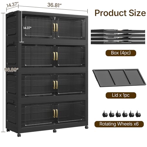280Gal Extra Large Stackable Storage Bins with Lid, 1120QT Foldable Collapsible Storage Box with Doors and Wheels, Plastic Closet Organizers Container Drawer for Bedroom Kitchen Garage, 4Pack - color: Black, size: 70Gal-4Pack