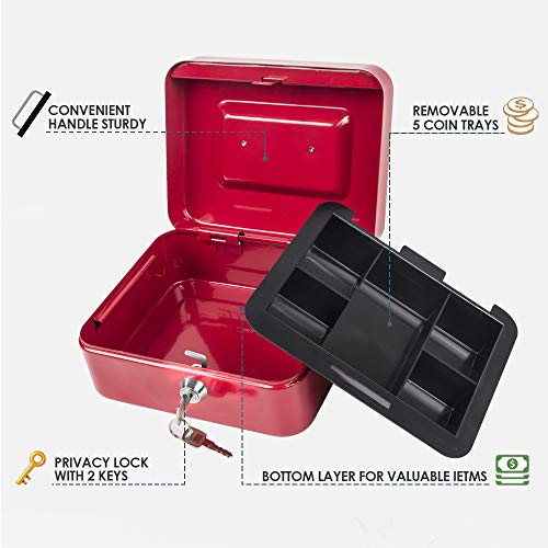 Kyodoled Medium Cash Box with Money Tray,Small Safe Lock Box with Key,Cash Drawer,7.87"x 6.30"x 3.54" Red Medium - color: Red, size: Medium