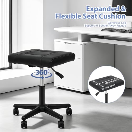 Footrest Stool Under Desk, Adjustable Height Leg Rest Ottoman, 360° Rolling Ergonomic Foot Stool with 5 Lockable Wheels for Home Office Salons, Black