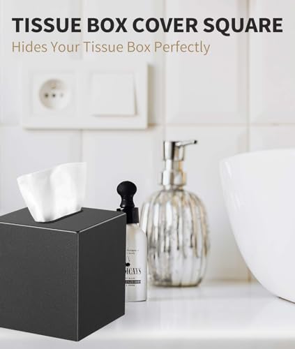 Livelab Metal Tissue Box Cover, Square Tissue Box Holder Modern Decor Facial Napkin Holder Tissue Box Dispenser for Bathroom Vanity Countertop, Living Room, Bedroom, Office | Dark Pebble Grain - color: Black Matte