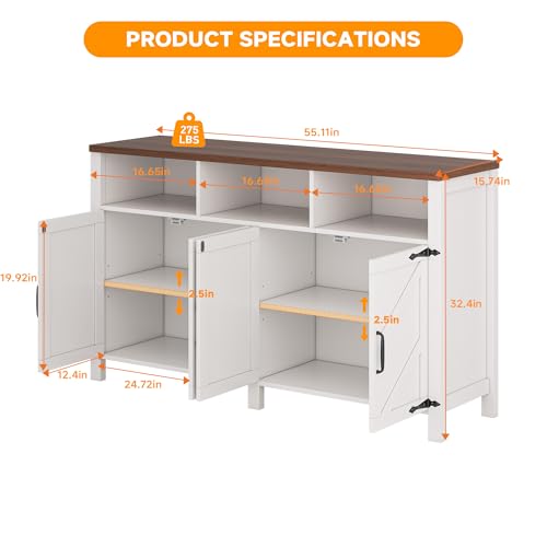 knoworld Buffet Sideboard with Storage Farmhouse, Large Kitchen Storage Cabinet Wood Coffee Bar Cabine Buffet for Kitchen, Living Room, 55in, White - color: White, size: 55"W