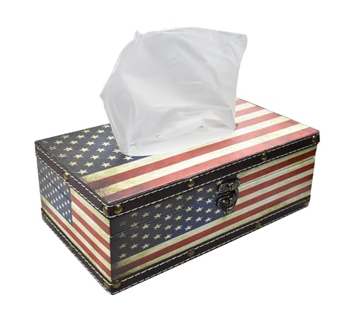 Wood Tissue Box Cover with PU Leather & Vintage Pattern - Rectangle Decorative Tissue Holder for Home, Car, Office, Bathroom, Desk - Fits Standard Medium Tissues with Lid (US Flag Style) - color: Us Flag Style