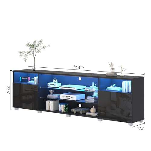St.Mandyu LED TV Stand for 90/100 inch TV, Modern Television Table Center Media Console with Drawer and Led Lights, High Glossy Entertainment Center for Living Game Room Bedroom(Black) - color: Black, size: TV Stand for 90/100 inch TV