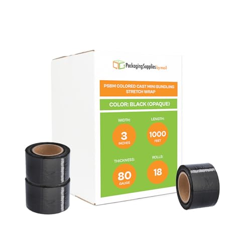 PSBM Dark Black Mini Stretch Wrap with Plastic Handle, 18 Rolls 3 Inch x 1000 Feet 80 Gauge, Heavy Duty Plastic Wrap Industrial Strength Shrink Film for Moving, Packing & Shipping - color: Black, size: 3 Inch