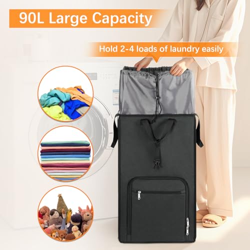 Bukere Extra Large 3 in 1 Rolling Laundry Backpack Bag with Wheels, 90L Freestanding Laundry Basket, Collapsible Laundry Hamper with Removable Wheeled Cart for College Dorm Apartment Laundry Room
