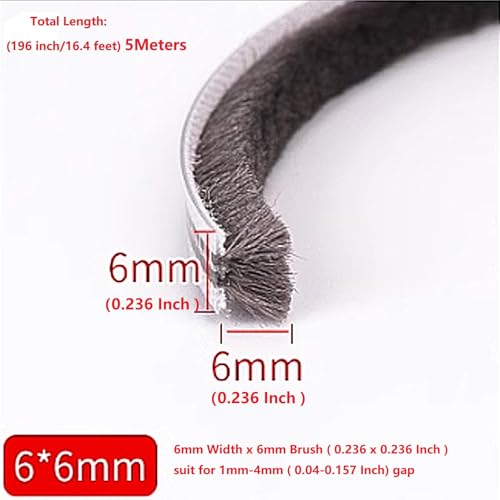 16 Ft (5m) 196 Inch Sliding sash Windows Doors Tape Pile Draught excluder Brush Seal Strip weatherstrip 6mm x 6mm (1/4 1/4 Inch, Gray) - size: 6mm * 6mm