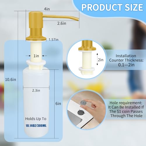 Soap Dispenser for Kitchen Sink Black Built in Soap Dispenser Pump Dish Liquid Countertop with Bottle - color: Gold