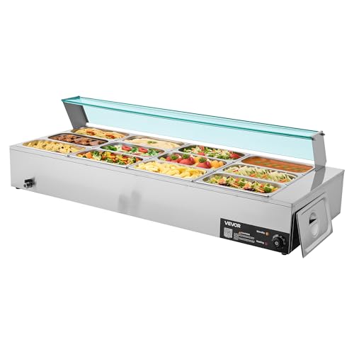 VEVOR Commercial Food Warmer, 1700W Electric Stainless Steel Steam Food Warmer with Glass Cover, 12-Pan Countertop Buffet Bain Marie with Soup & Perforated Ladles, for Catering, Restaurant & Party - size: 56.3 x 22.44 x 15.16 in