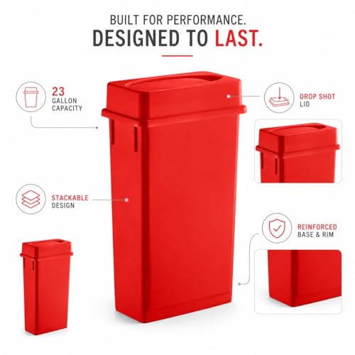 23 Gallon Slim Rectangular Commercial Trash Can, Heavy Duty Plastic Indoor Waste Bin for Kitchen, Office, Restaurant, School, Restroom & Janitorial Use (Red, with Lid) - color: Red